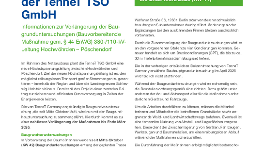 Nr. 439 Informationen zur Verlängerung der Baugrunduntersuchungen Leitung Hochwöhrden-Pöschendorf